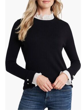 CeCe Black and White Ruffle Layered Long Sleeve Sweater